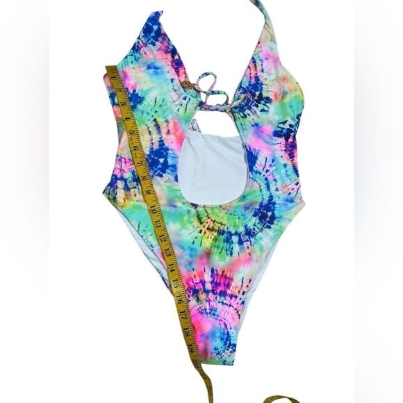 Luli Fama Neon Tie Dye Celestial Dreams Tie Front High Leg One Piece Swimsuit - Picture 16 of 16